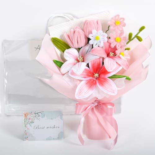 EZsenses Pipe Cleaner Flower Bouquet Completed Handmade Tulip, Lily & Daisy, Crochet Flowers Bouquet Artificial Floral Gift for Women, Valentine’s Day, Mother’s Day, Birthday & Home Decor