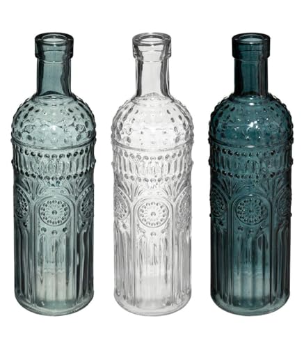 Atmosphera - Juego de 3 jarrones de botellas de cristal, color azul oscuro, azul claro/transparente (24,5 cm)