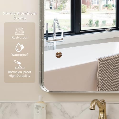 Image of 36 inchx30 inch Bathroom Vanity Mirror for Wall Aluminum Framed Farmhouse Rectangle | Anti-Rust, HD Reflection Anti-Desilvering, Distortion Free, Tempered and Shatter-Proof Wall Mounted Mirror, Brushed Nickel