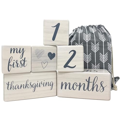 Image of Pondering Pine Baby Milestone Blocks - Natural White Stain Pine Wood with Weeks Months Years Grade and Holidays, Newborn Weekly Monthly First Year Picture Props, 6 Block Milestones Age Set with Bag