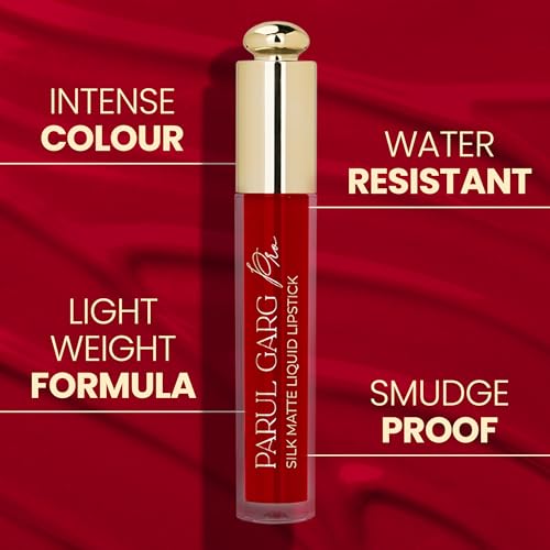 Image of Parul Garg Beauty Silk Matte Liquid Lipstick | Long-Lasting & Smudge-Proof | Soft Matte Finish | Vegan & Clean Beauty | Hydrates with Shea Butter & Vitamin E | Shade: Poppy 12 - Bright Red, 3ml