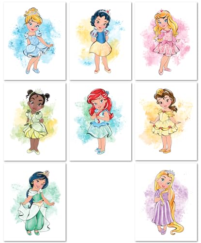 Image of Nistio® Baby Princess Posters for Girls Room Decor, Nursery Art Featuring Cinderella, Ariel, and Belle, Princess Wall Art for Kids, Unframed Set of 8 (8x10)