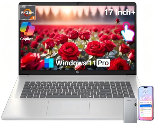 Image of HP 17 Inch Laptop, 17.3 inch HD+ Touchscreen Display, AMD Ryzen 5 7430U (Up to 4.5GHz), 64 GB RAM, 1 TB SSD, Wi-Fi 6, Bluetooth 5.4, Windows 11 Pro, Copilot AI, Numeric Keypad, w /RECOLX AI Voice Recorder