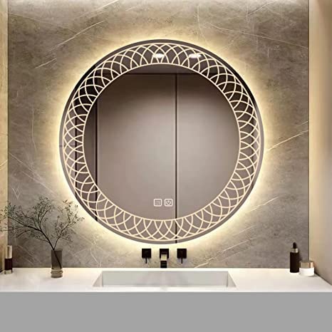 VENETIAN IMAGE Glass 60Cm Round Wall Mounted Backlit Led Bathroom Mirror - Anti-Fog, 3-Color Dimmable, Geometric Pattern (Kaleido Model), Silver