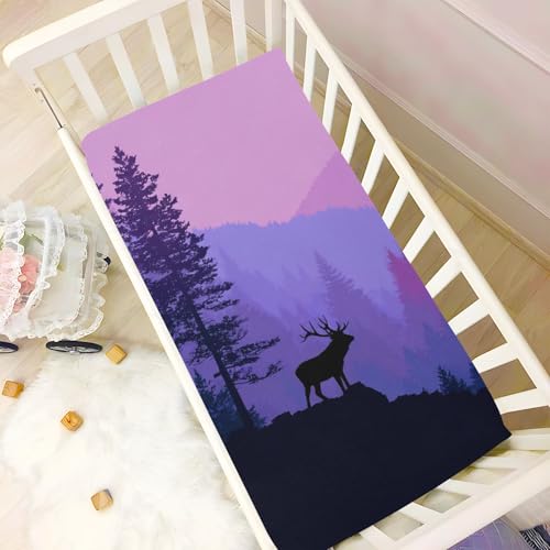 Image of Crib Sheet Breathable Soft Crib Mattress Sheet for Baby Toddler Boys Girls Fitted Crib Sheet Fit Standard Crib Mattress 52 x 28 Inch Purple Stag Forest Trees