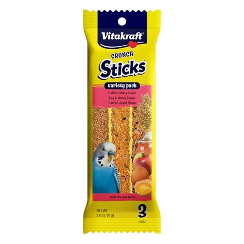 Vitakraft Crunch Sticks Parakeet Treat Variety Pack 3 Sticks Honey Egg And Apple Flavor - Triple-Baked Sticks With Natural Wood Chew Center Added Vitamins And Minerals - Cage Clip Holder