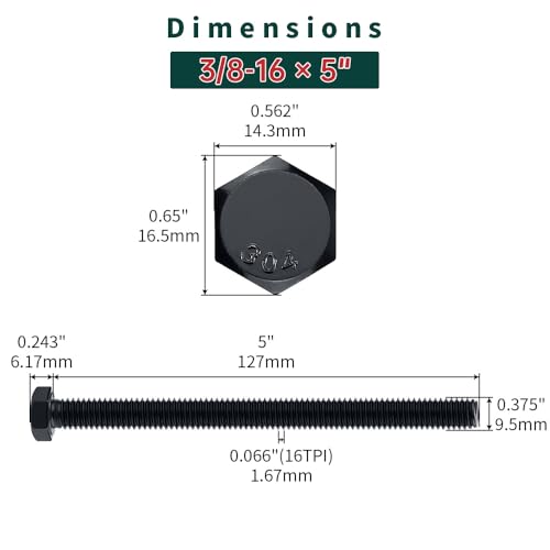 Image of 3 /8-16 x 5 Hex Bolts with Nuts and Washers (6 Sets), 18-8 (304) Stainless Steel, External Hex Drive, Black Oxide Coated Hexagon Head Bolts Screws, Fayeploo
