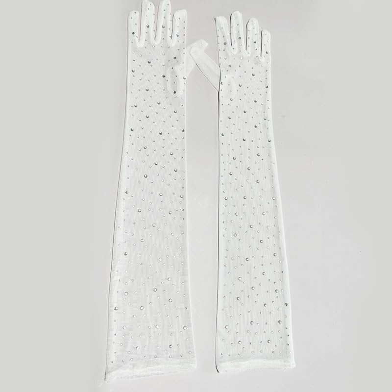 1Pair White Mesh Rhinestone Gloves Long Tulle Sheer Sparkly Elbow Length Stretchy Accessory Party Wedding Glam for Women 5