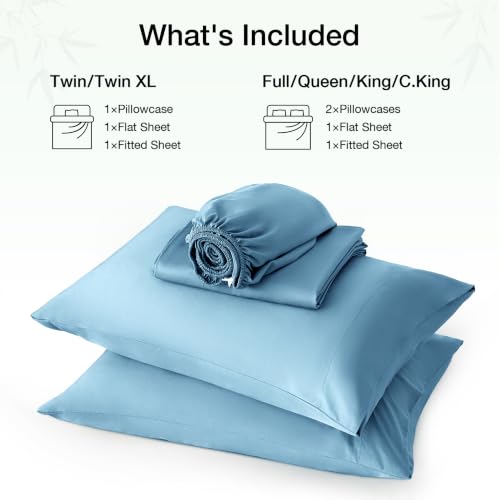 Image of Love's cabin 4 Piece California King Size Sheet Set, 100% Rayon Derived from Bamboo, Cooling & Breathable, Soft Silky Deep Pocket up to 16 inch, Hotel Luxury Bedding for Hot Sleepers, Light Blue