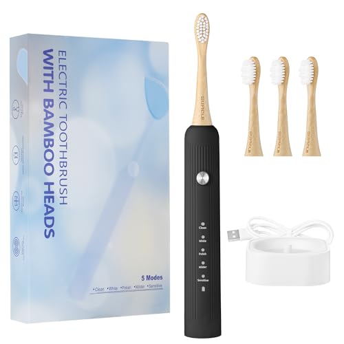 GUFICLE Bamboo Electric Toothbrush for Adults, Electric Toothbrush with 4 Bamboo Heads, Soft Castor Oil Bristles, 5 Modes, Smart Timer, Sonic Technology, IPX7 Waterproof, 70-Day Battery Life-Black