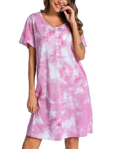 Image of ENJOYNIGHT Womens Short Sleeve Nightgown Tie Dye Nightshirt Nursing Sleepshirts Breastfeeding Sleep Dress