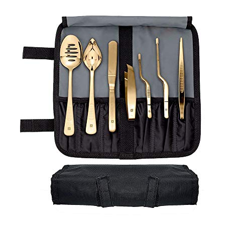 DOJA Barcelona | Kit Professionale per Chef | Colore Dorato | 7 Utensili Cucina Professionali | Impiattare e Decorare Piatti Ristorante | Cucchiai Salse, Cucchiaio Forato, Spatola, Pinze di Precisione