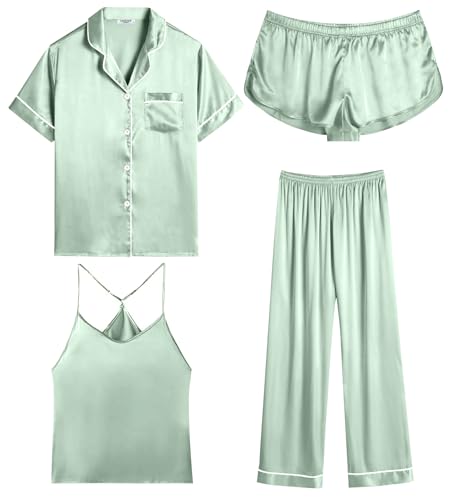 Ekouaer 4PCs Womens Satin Silky Pajama Set Button Down Top and Long Pants Loungewear Camisole Top and Shorts Sleepwear