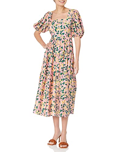 Robe midi froncée tendance femme avec manches bouffantes à volants chic