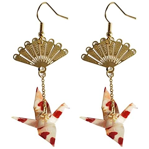 CutieJewelry Crane Origami Bird Fan Dangle Cute Pretty Earrings (Pink) Cover
