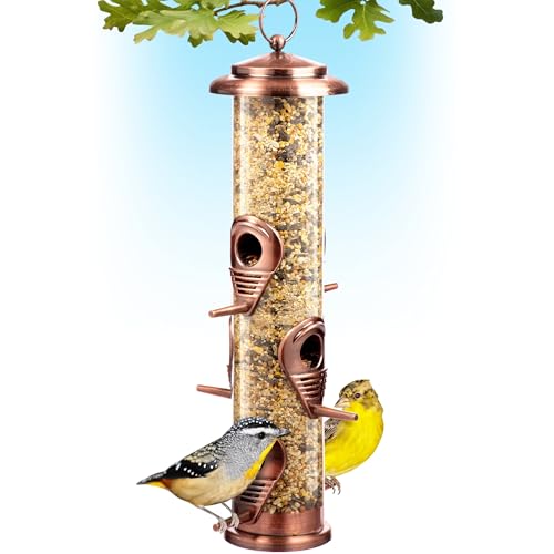 Bird Feeders for Outdoors (Brushed Metal Copper) Squirrel Proof Hanging Bird Feeders with Locking Lid & Adjustable Hanger, Chew-Proof, Weather Resistant 15 Inches 6 Port