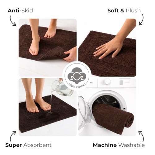 Image of Cotton Reversible Tufted Bath Mat - 2000 GSM, 40 x 60 cm (Brown) | Bathroom Mats Anti Slip | 100% Cotton | Super Absorbent | Floor Mat | Hypoallergenic | Machine Washable | Soft & Heavyweight
