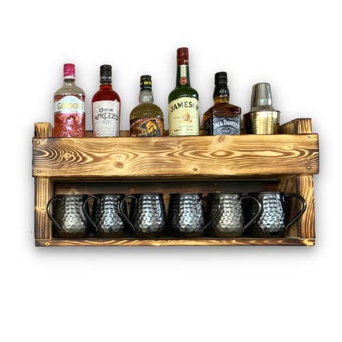 Casier à vin rustique Personnalisé pour 10 verres et bouteilles, Bar en bois, Casier à alcool pour whisky, gin etc.