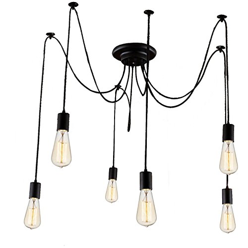 Asvert Lámpara Araña Colgante Lámpara Vintage Colgante Luz Candelabro Iluminación Clásica Ajustable DIY, Araña para Bombilla E27 Negro (Cabeza de 6 lámparas)