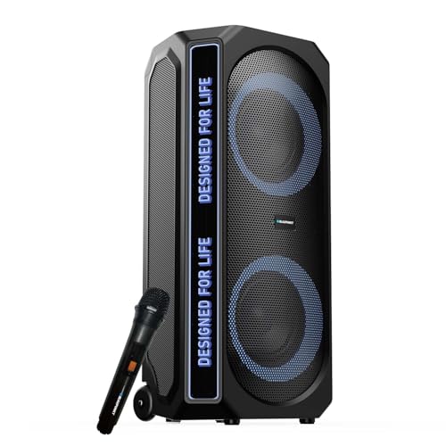 Blaupunkt New Launch Rock & Roll Ibiza 180W RMS Party Speaker with Dual 8” Woofers, Recording Button, Animated Text Display, Bass Boost Button, Wireless UHF Mic, Echo Reverb Control & Portable Wheels view 1