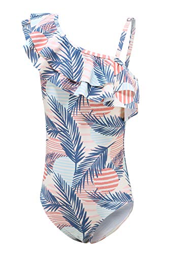 One Piece Swimsuits Girls One Shoulder Ruffle Swimwear Floral Bathing Suit Feather 3T