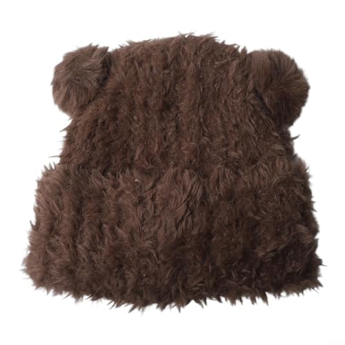 Image of Posheliox Women's Winter Knitted Beanie Hat with Bear Ears, Soft Plush Fleece Lined Warm Cap with Pom-Pom, Stretchy Ear Flap Protection for Cold Weather, ones Size(White)