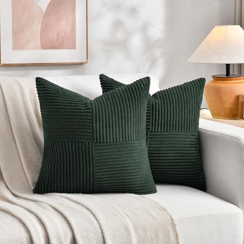 Image of Fancy Homi Set of 2 Dark Green Samll Decorative Throw Pillow Covers 14x14 Inch for Living Room Couch Bed, Boho Farmhouse Forest Green Home Decor, Soft Corss Corduroy Patchwork Textured Cushion Case
