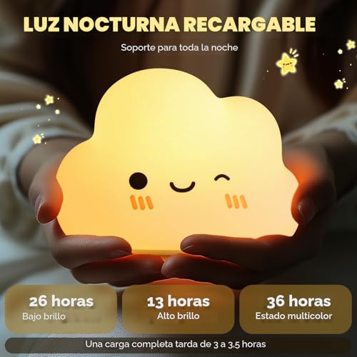 Miniatura 5 de Diboniur Luz Bebe Nocturna, Luz Nocturna Infantil Control Táctil, 7 Colores 3 Brillo, Lampara Bebe Noche Recargable Luz Quitamiedos Infantil, Deco Dormitorio De Niñas Nube