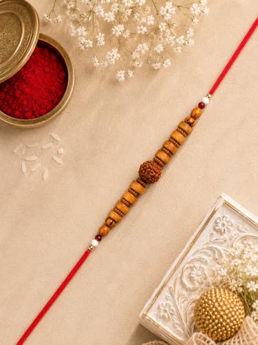 Image of Rudraksha Bracelet for Brother - Brown, Modern, Round, Lobster Claw Clasp, Rope Chain, Strand, Handmade /Fine Jewelty, Multiple Count, Bull Theme, Raksha Bandhan