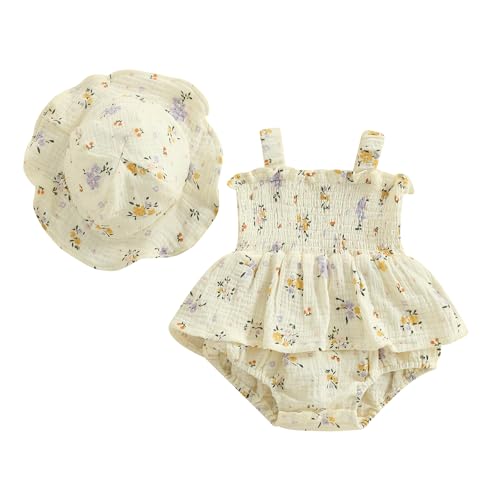 Image of Emmababy Baby Girl Romper Dress Summer Sleeveless Halter Smocked Dress Floral Print Bubble Romper Newborn Summer Clothes