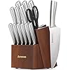 Astercook Knife Set, Kitchen Knives Set with Block and Sharpener Full Tang 15 Pcs Premium Stainless Steel Knives, Dishwasher Safe Knife Set with Anti-slip Ergonomic Handle, Walnut, Valentine's Gift