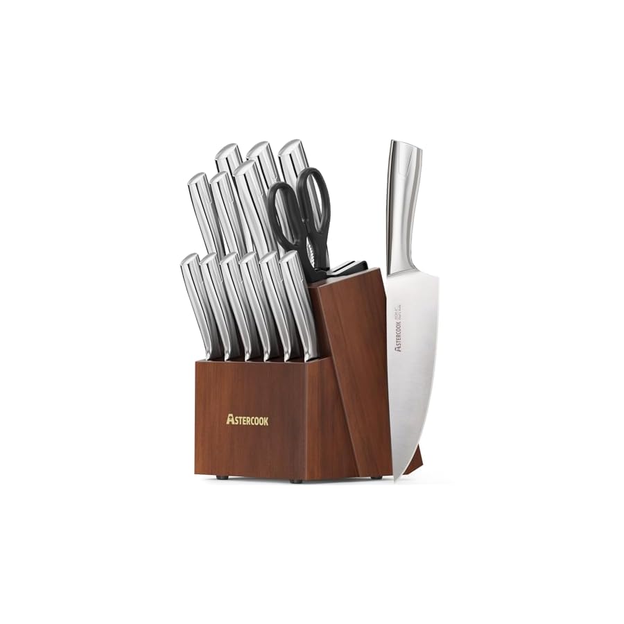 Astercook Knife Set, Kitchen Knives Set with Block and Sharpener Full Tang 15 Pcs Premium Stainless Steel Knives, Dishwasher Safe Knife Set with Anti-slip Ergonomic Handle, Walnut, Valentine's Gift