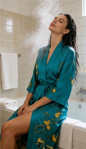Image of Women's Classic 100% Silk Kimono Robe, Bathrobe-Printed Pattern