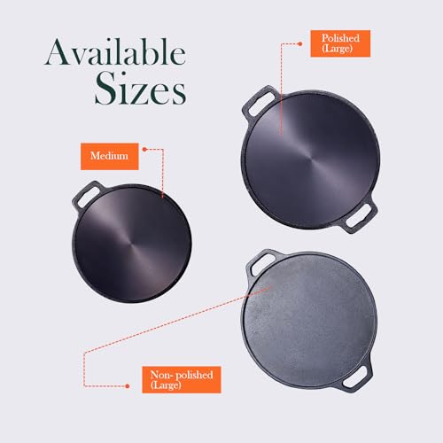 Image of Kichera Pre-Seasoned Cast Iron Dosa Tawa 12 Inch | Super Smooth Polished Surface, Dual Handles & Induction Compatible | Naturally Non-Stick, Pure & Toxin-Free Roti Pan for Dosa, Chapati, Paratha