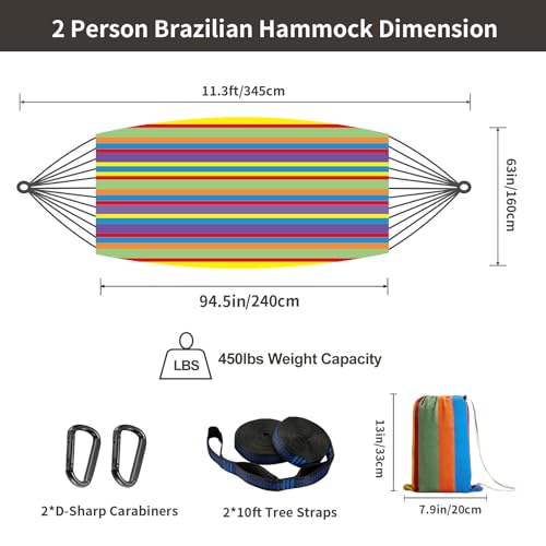 Image of CHULIM Brazilian Double Hammock with Tree Straps,Extra Large 94x63IN,2 Persons Hammock for Backyard Patio Outdoor and Indoor,450lbs Weight Capacity,Soft Woven Cotton Fabric - Tropical