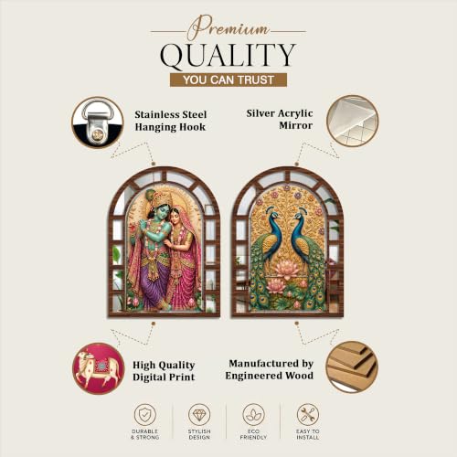 Image of Artvibes Krishna Radha & Peacock Garden Decorative Jharokha Mirror | Wall Hanging Decor for Living Room, Bedroom, Hall, Prayer Room, Dining Room & Office | Gift for Couple (WHJ 12043N), Set of 2