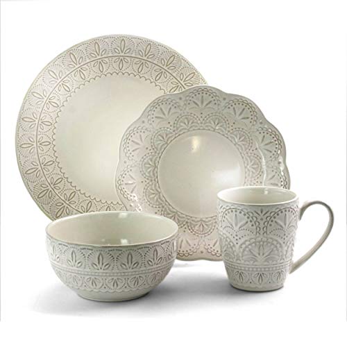 Elama WHITE LACE Elegant Round Embossed Stoneware High Class Dinnerware Dish Set thumb #1