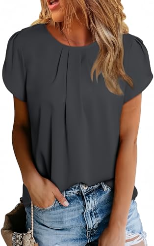 Dokotoo Womens Summer Tops Basic Pleated Casual Chiffon Blouse Crew Neck Solid Color Loose Short Cap Sleeve T-Shirts Casual Blouses for Women Dressy Business Loose Tops Black M