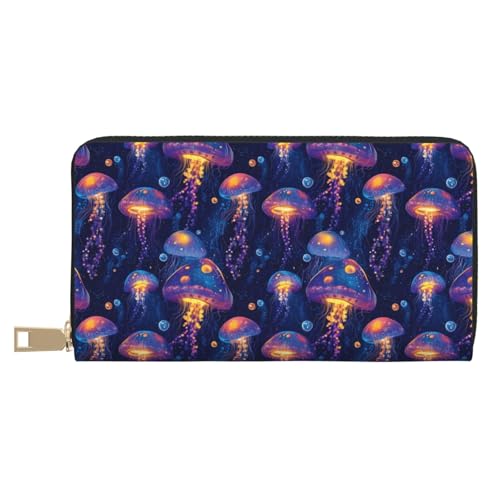 Leather Thin Slim Wallets for Women Men - Fashion Colorful Purple Jellyfish Print Card Wallet Holder with Zipper