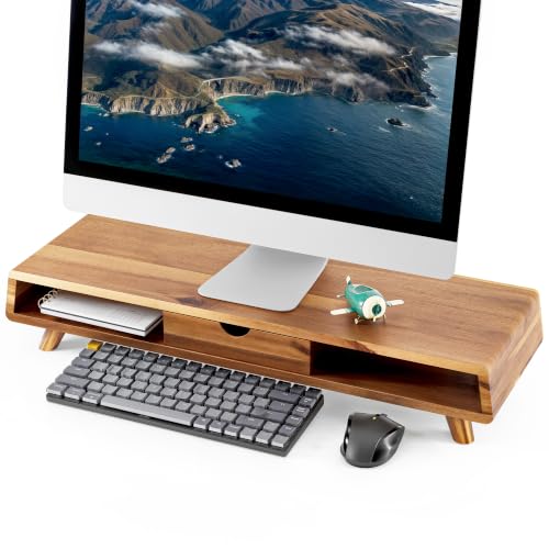 TINAMO Acacia Wood Monitor Stand with Drawer - Wooden Monitor Riser for Desk - Computer Monitor Stand for Desk - Multi-Purpose Desktop Storage Stand for Computer; Laptop; Printer; TV - 24.4  x 8 x 5 (Patented)