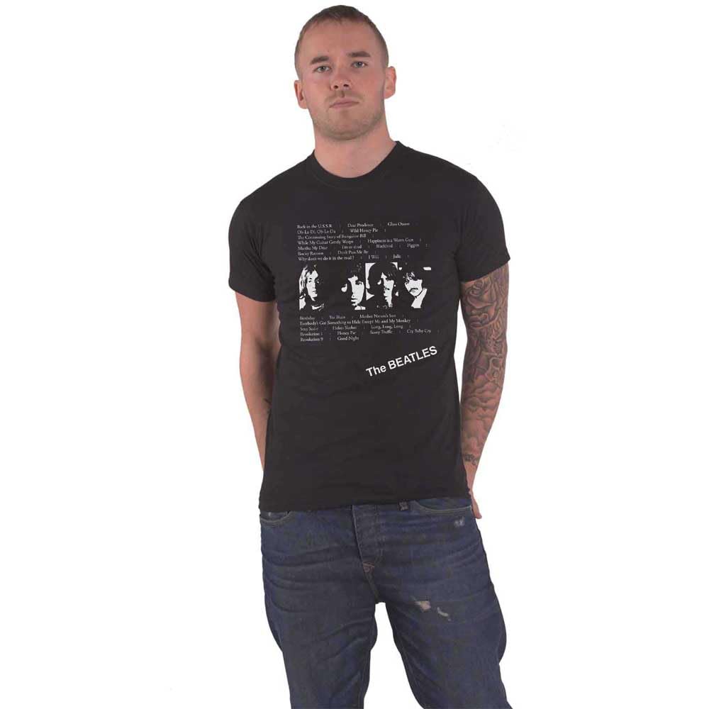 The Beatles Men's White Album Tracks (Back Print) T-Shirt, Black (Black Black), XX (Size:XX-Large)