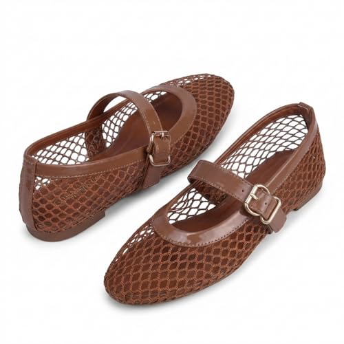 EMMA NEW YORK Mesh Ballet Flats for Women, Mary Jane Mesh Ballet Flats Shoes for Women with Buckle Strap (Brown, 9)