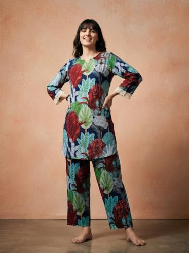 Image of Bee M Pee Designer Trendy Floral Printed Poly Rayon Cotton Kurta Coord Sets for Women | Stylish Casual Kurti Tunic Cord Set with Pant for Woman for Office