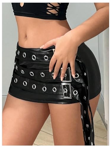 MakeMeChic Women's PU Leather Buckle Bodycon Mini Skirt Grommet Eyelet Summer Y2K Party Short Skirts2