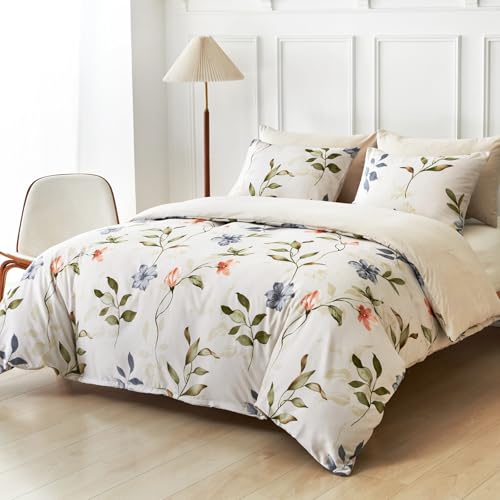 Image of Lekesky Boho Duvet Cover Queen Size, Queen Comforter Cover White Floral Printed Duvet Cover Set, 3 Pieces Soft Microfiber Bedding Set with Zipper and 2 Pillowcases (Queen, 90 inchx90 inch)