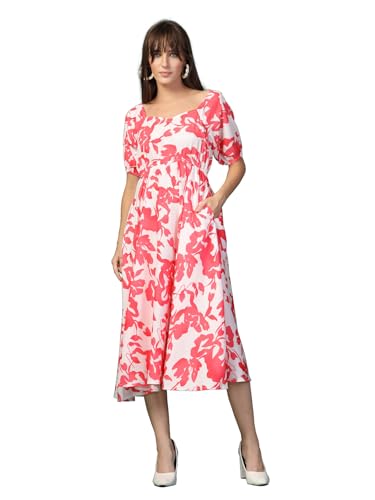 Image of OOMPH! Below Knee Shift Pink Dress in Crepe Fabric with Round Neck and Puff Sleeves - md619l