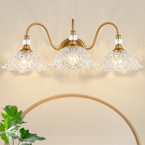 Image of Vintage Bathroom Vanity Light, 3-Light Matte Brass Finish Vanity Light with Floral Clear Glass Shades, Retro Wall Sconce for Bathroom, Dressing Table