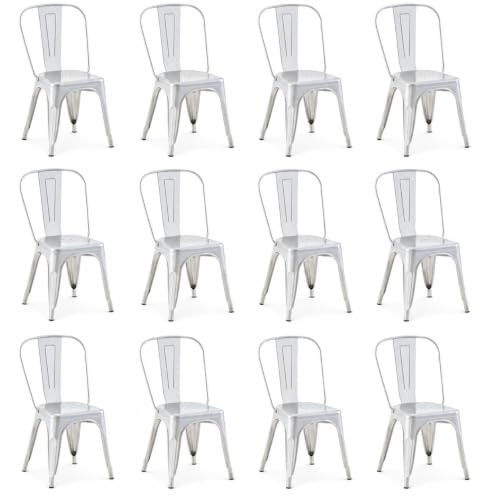 Image of Metal Dining Chairs with Backrest, Stackable, Silver, 12 Pack | Easy Assembly, Non-Slip Feet, 330 lb Capacity, Kitchen, Restaurant, Cafe, Pub, Covered Patio