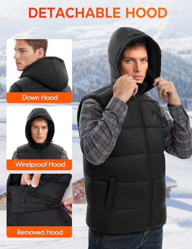 TODWARM Beheizbare Weste Herren mit Powerbank 16000 mAh, 15 Heizzonen Heizweste Herren Abnehmbarer Kapuze Wärmeweste mit Lichtaus Funktion für Camping Motorrad Jagen Angeln Schwarze XL