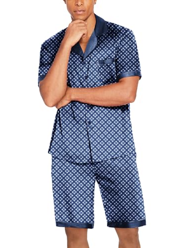 Image of Ekouaer Mens Satin Pajamas Set Button-Down Short /Long Sleeve Shirt Top Soft Silk Sleepwear Loose Pocket Pant Loungewear